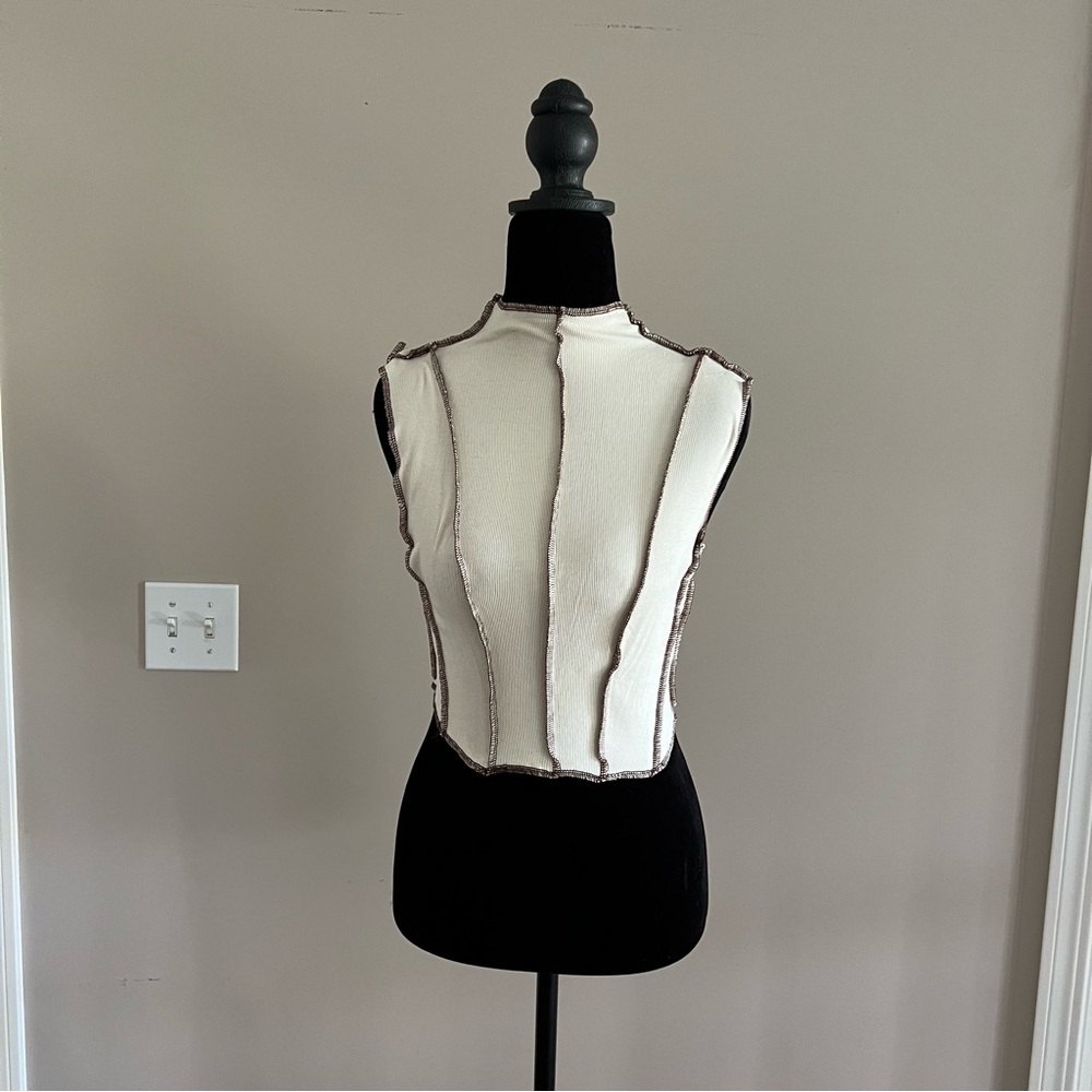 JLUXLABEL Cream and Brown Sleeveless Crop Top - Size M